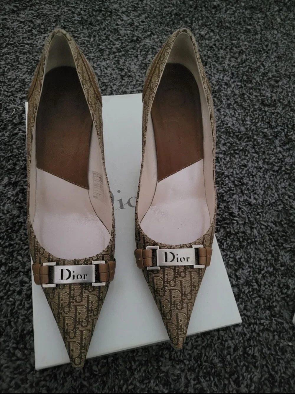 Dior Tan Monogram Pointed-Toe Logo Pumps